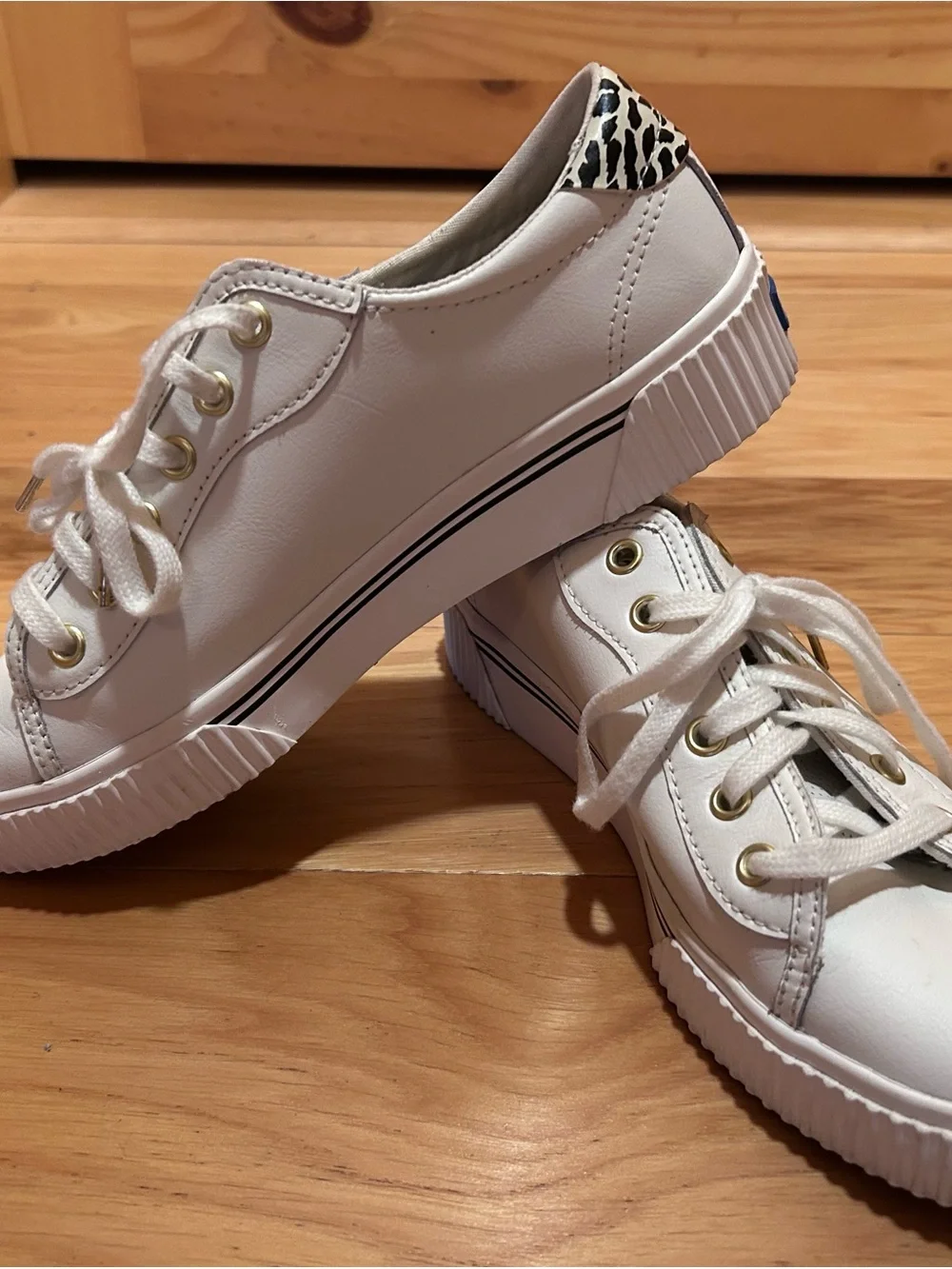 Keds White Sneakers with Gold Accents and Leopard Insole